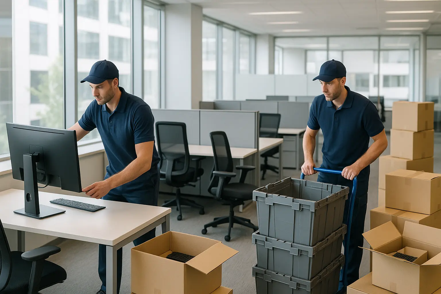 Bailey's Workplace commercial moving crew and trucks on a consolidation project